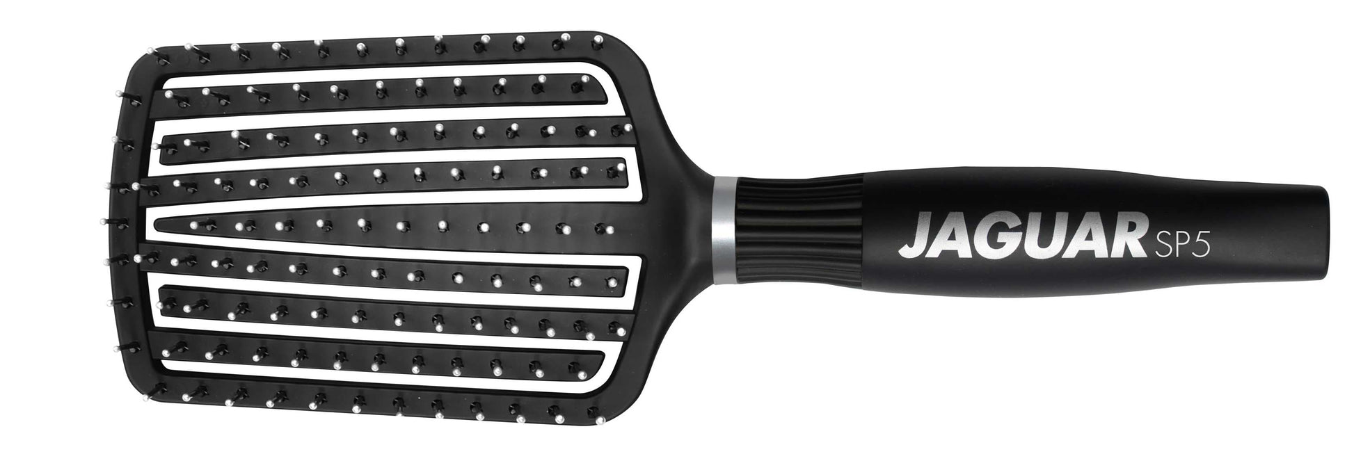Black paddle brush with handle.