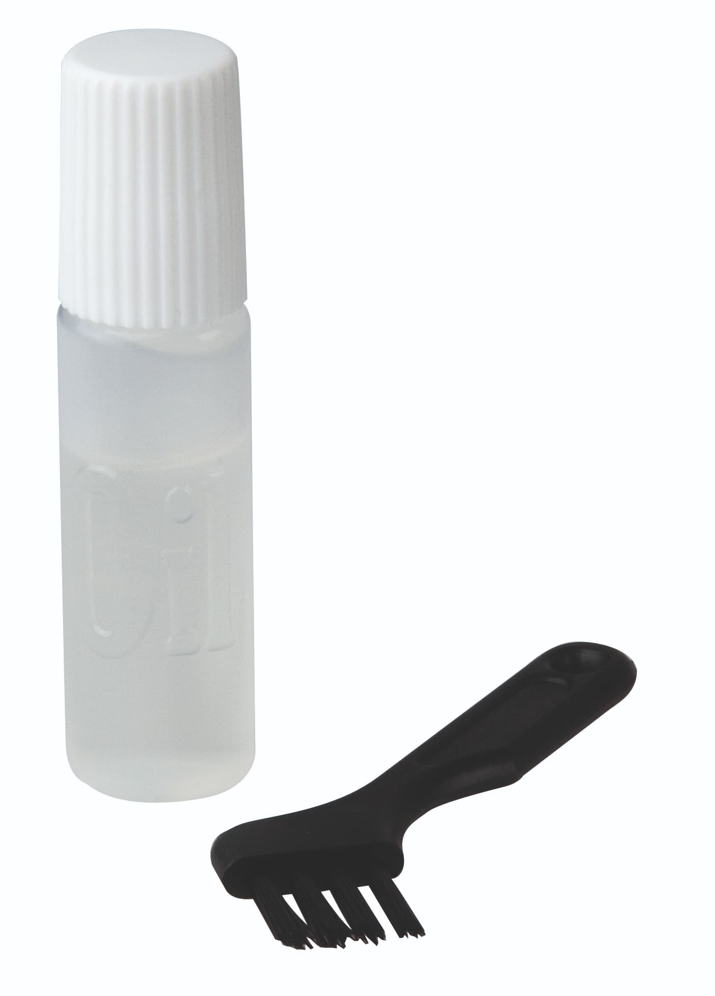 Oil bottle and cleaning brush for hair clippers.
