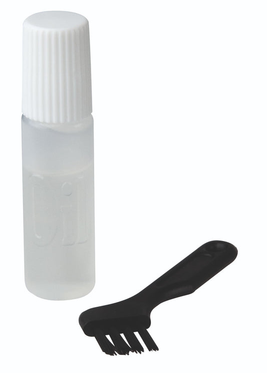 Oil bottle and cleaning brush for hair clippers.