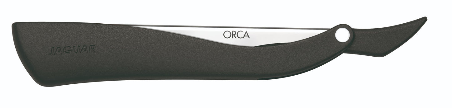Open razor with black handle.