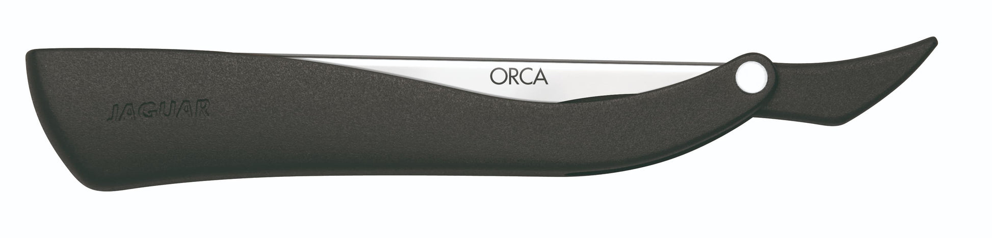 Open razor with black handle.
