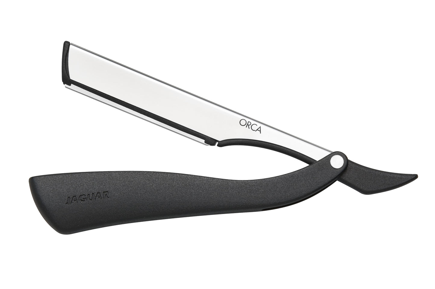 Open razor with black handle.