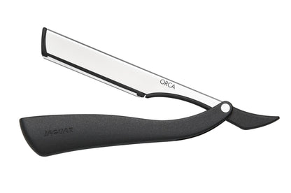 Open razor with black handle.