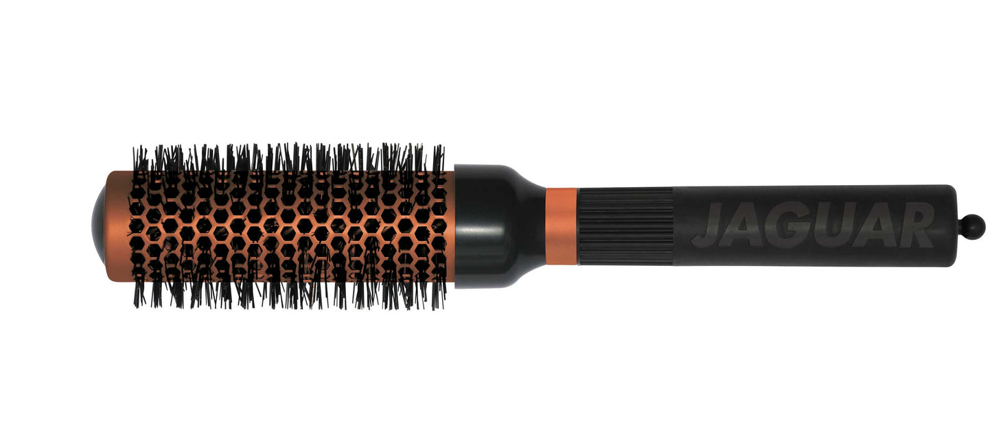 Round brush with black handle.