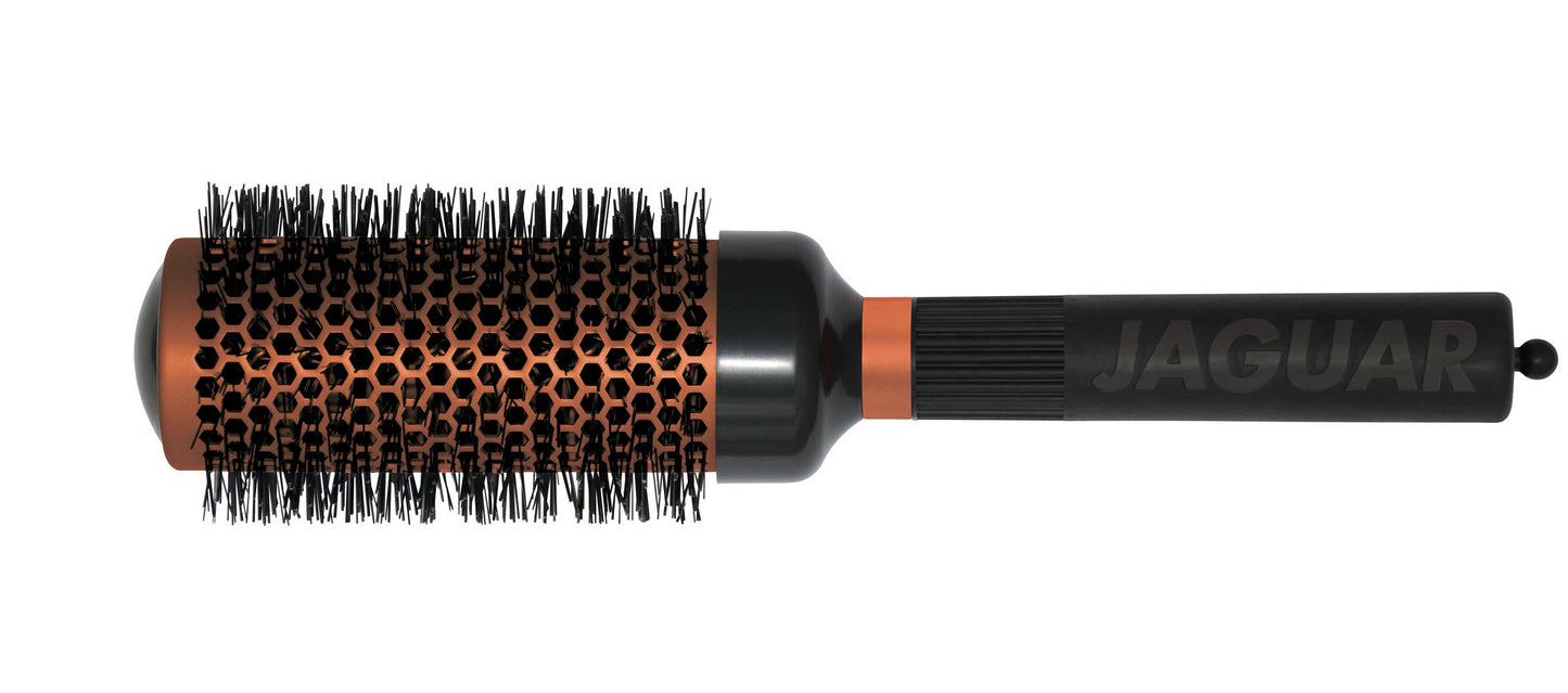Round brush with black handle.