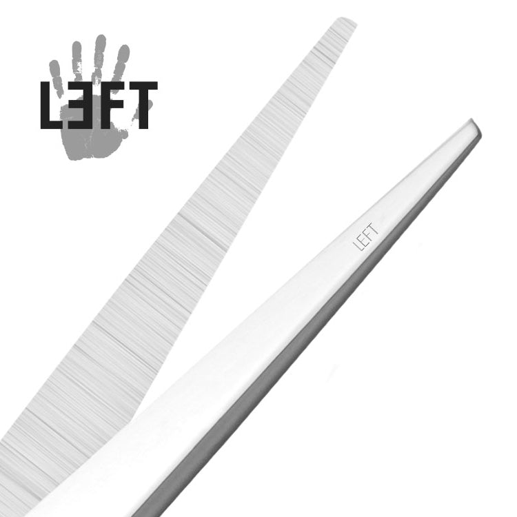 Tijeras para zurdos. Primer plano de las hojas sobre fondo blanco.