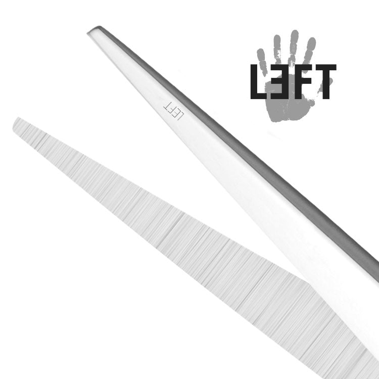 Close-up of left-handed scissors blades on a white background