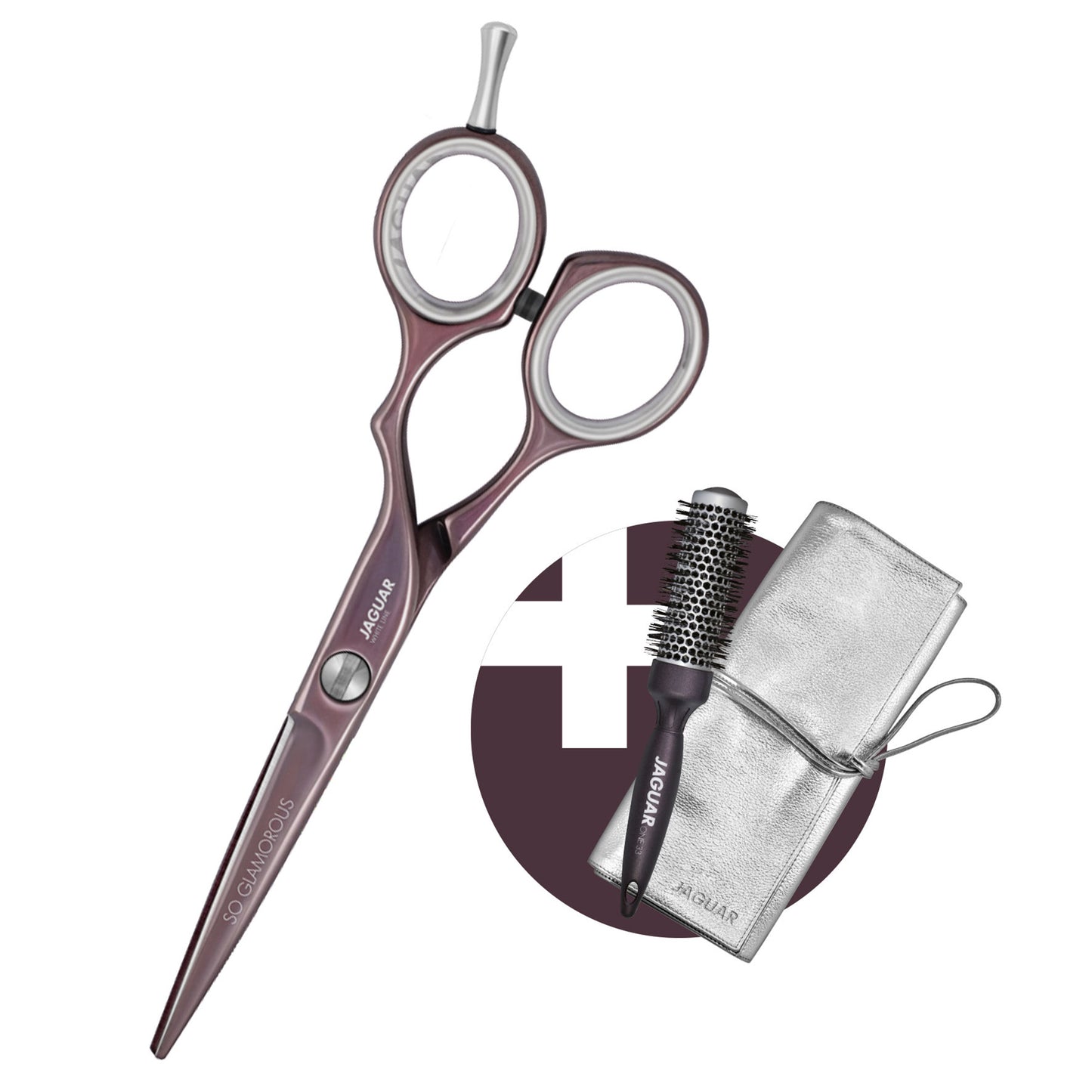 Hairdressing scissors, round brush, case, accessories.
