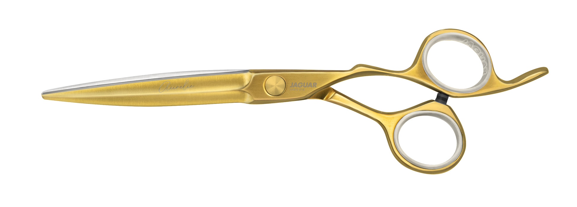 Golden hairdressing scissors with an ergonomic design.