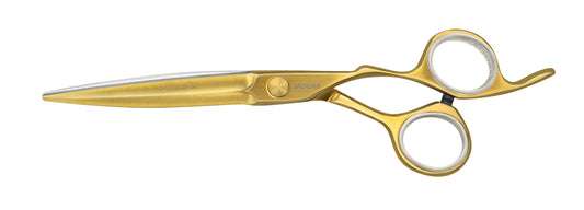 Golden hairdressing scissors with an ergonomic design.