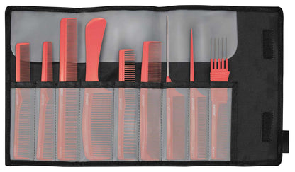 Red combs in a black bag.