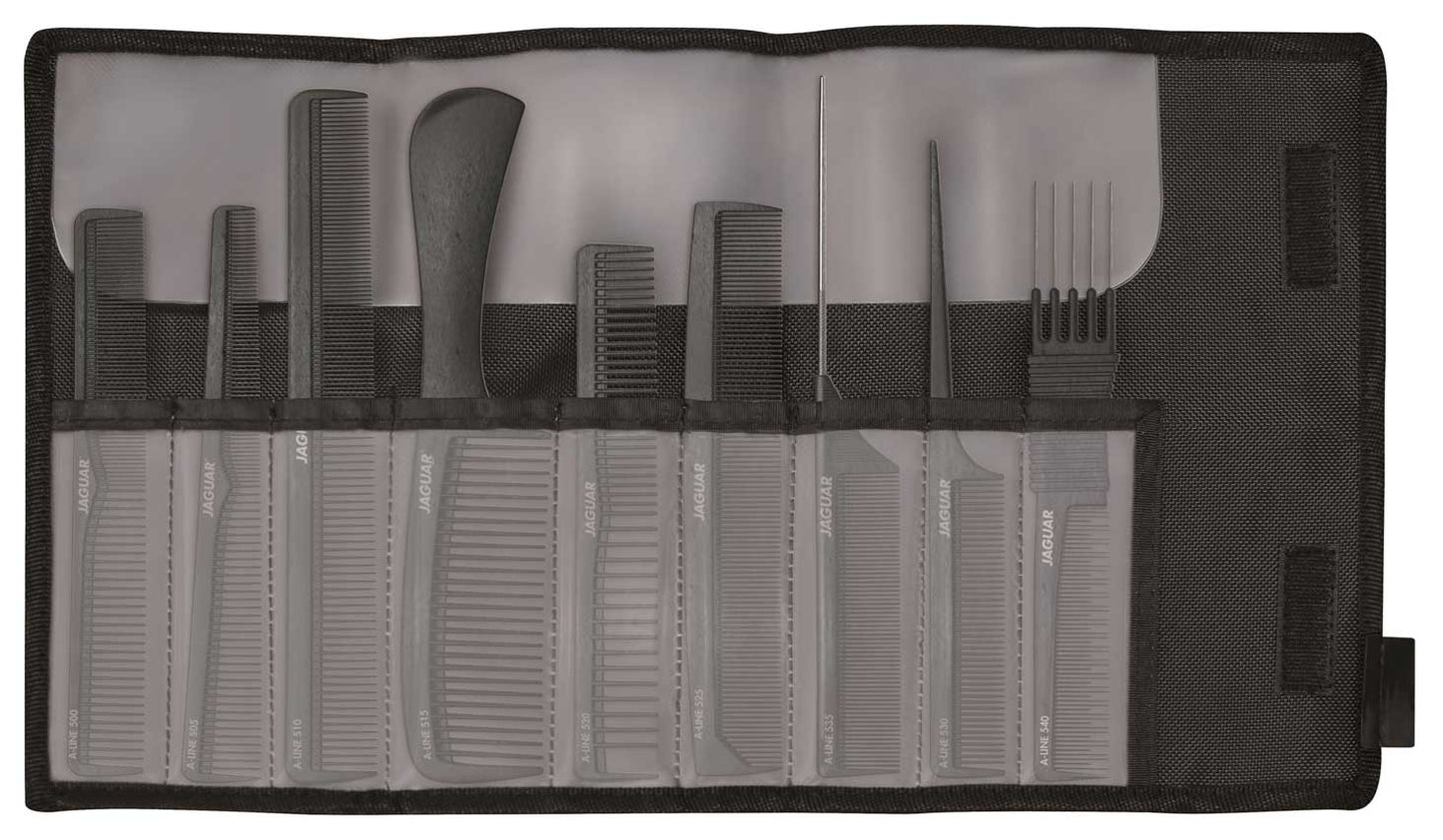 Hairdressing comb set in black bag.