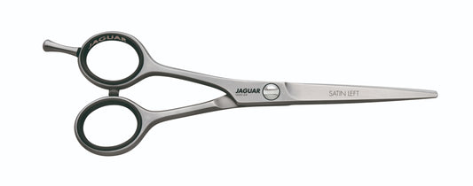 Hairdressing scissors with black handles.