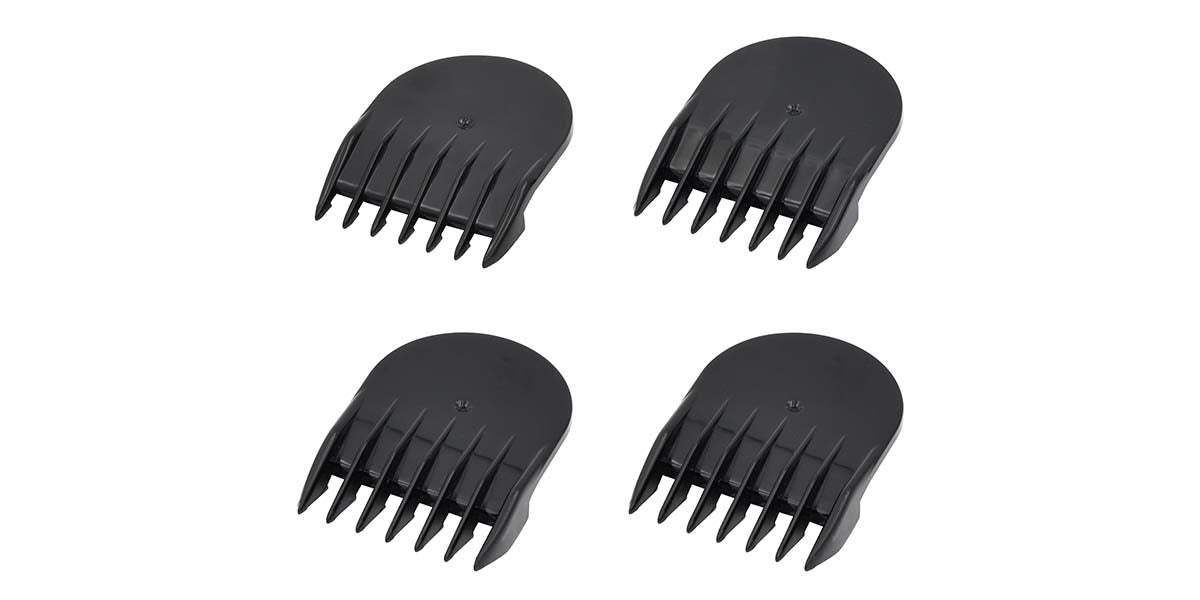 Four black attachment combs for hair clippers.