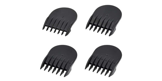 Four black attachment combs for hair clippers.