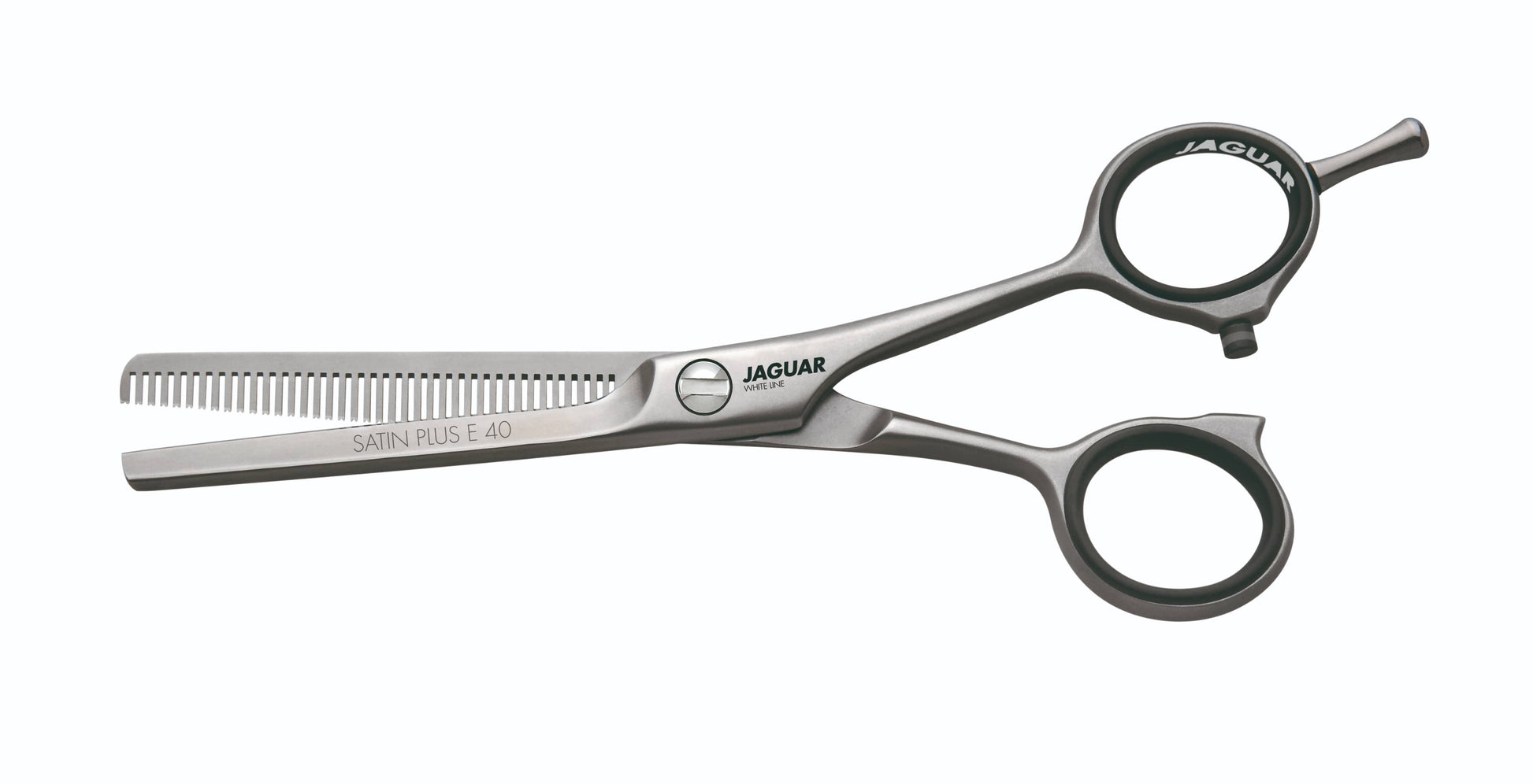 Hairdressing scissors with serrated blades.