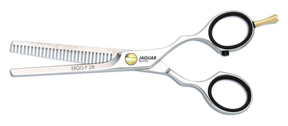 Hairdressing scissors with serrated blades.