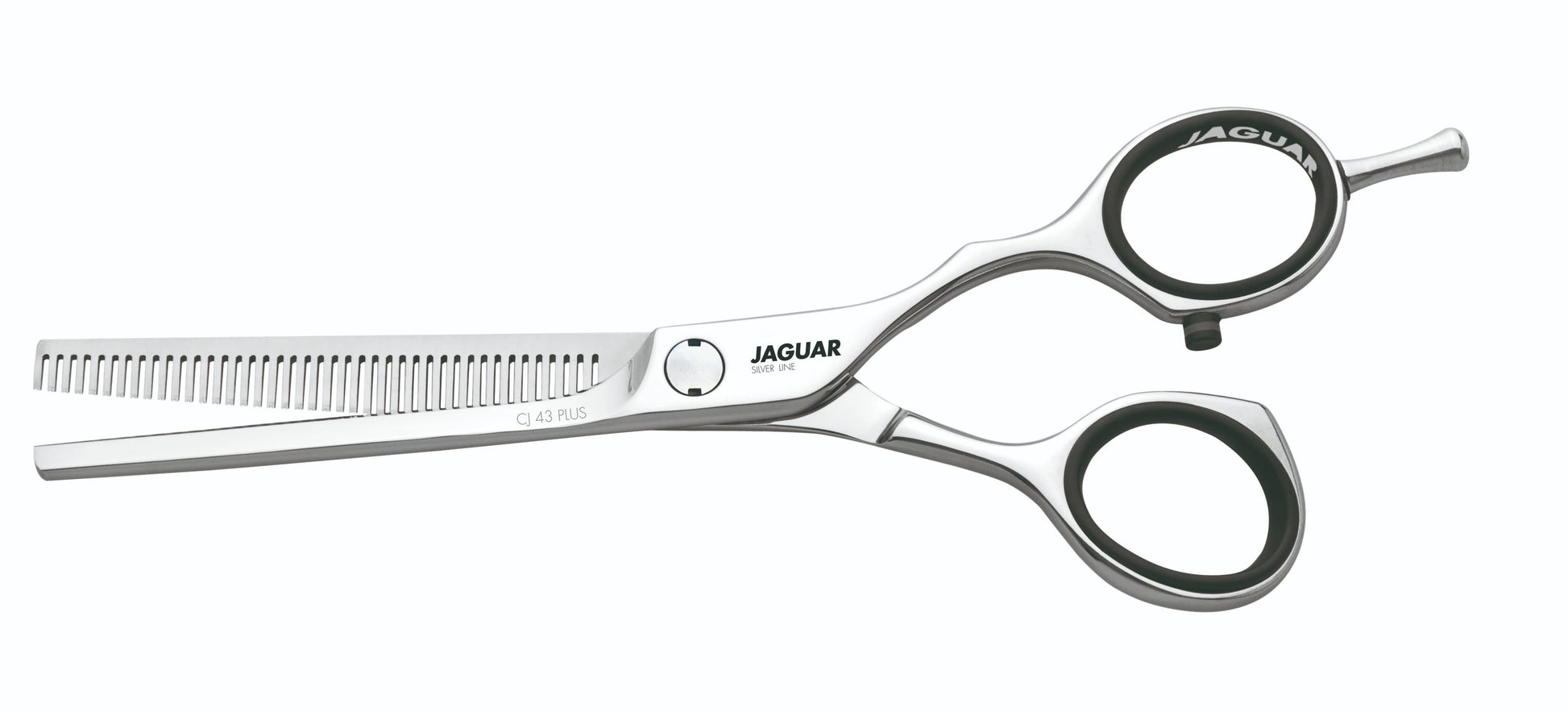 Hairdressing scissors with serrated blades.